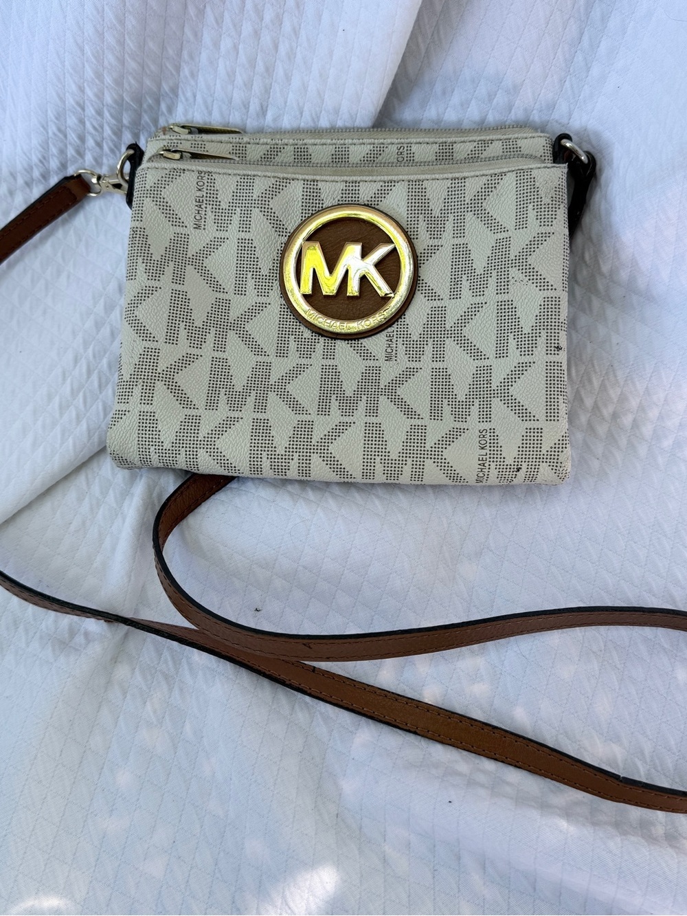 Michael Kors Cream Logo Crossbody with Brown Strap and Gold MK Emblem